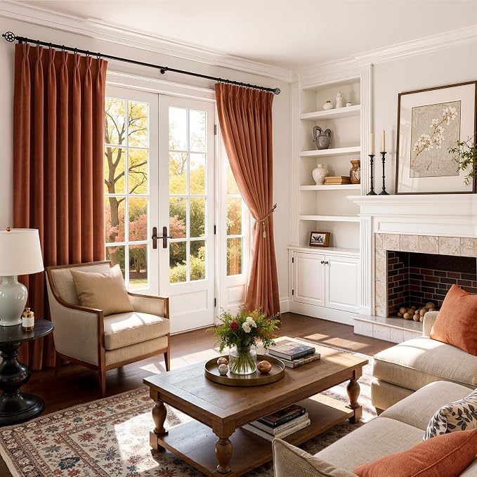 Burnt Orange Soft Velvet Pleated Blackout Curtains 84 Inches Long Room - Image 2