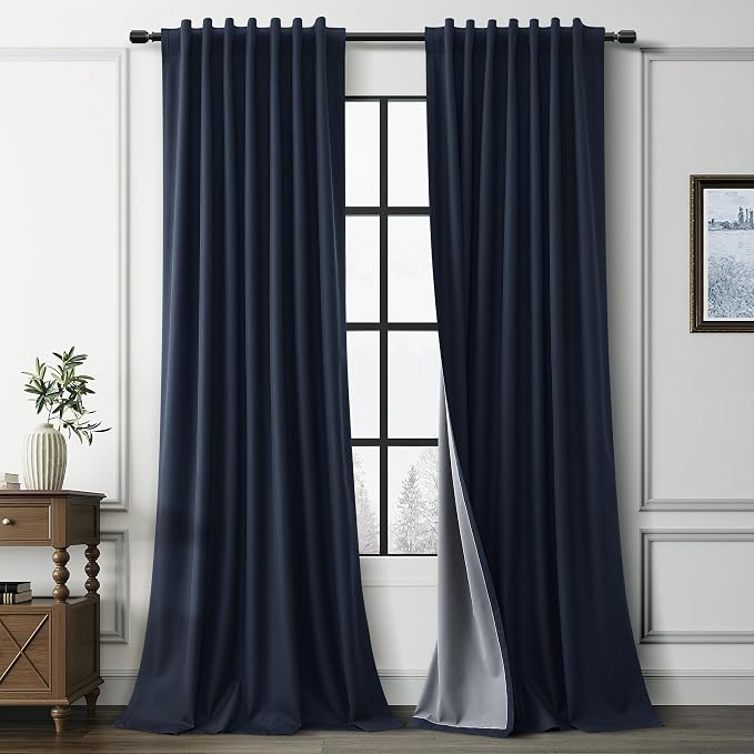 Navy Blue 100% Blackout Linen Curtains by Guken