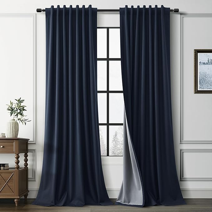 Navy Blue 100% Blackout Linen Curtains by Guken