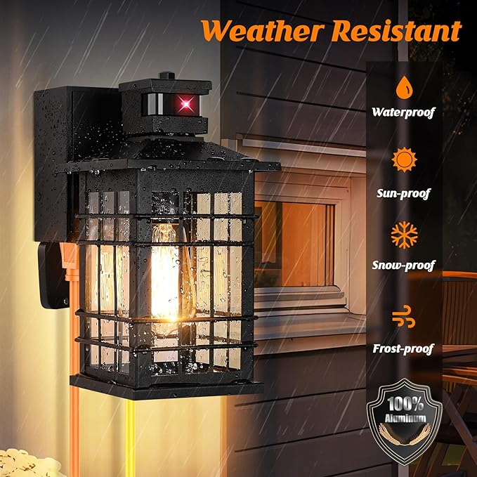 2-Pack Porch Lights with GFCI Outlet, Motion Sensor Dusk to Dawn Waterproof Outdoor Wall Lights, 3 Lighting Modes Black Exterior Light Fixtures for Front Door, Outside Wall Lanterns for House Garage