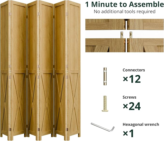 6 Panel Folding Room Divider, Solid Wood Privacy Screen, Freestanding Partition - Image 4