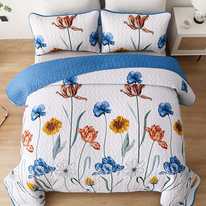 WONGS BEDDING Blue Quilt Set Queen Size, Cute Floral Botanical Bedspread - Image 3