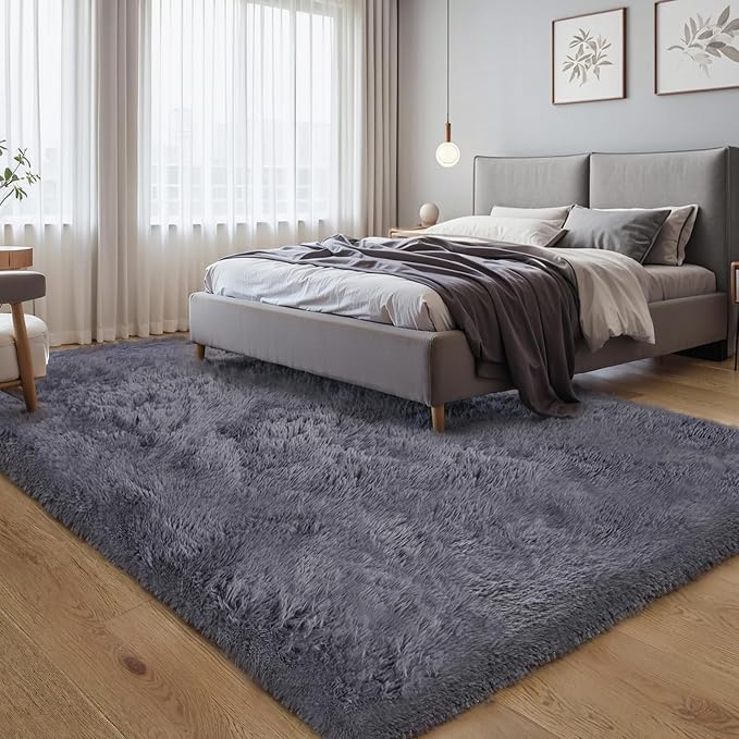 6x9 Thick Grey Shag Rug for Bedroom, Soft Plush Fluffy Carpet | Gray Area Rug by KICHOWUA