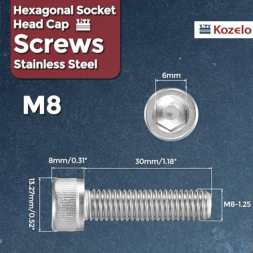 Kozelo 25pcs Socket Head Cap Screws - [M8-1.25 x 30mm] 304 Stainless Steel Allen Socket Drive for Electrical Motor 3D Printing Fan Engine Replacement Use, Silver