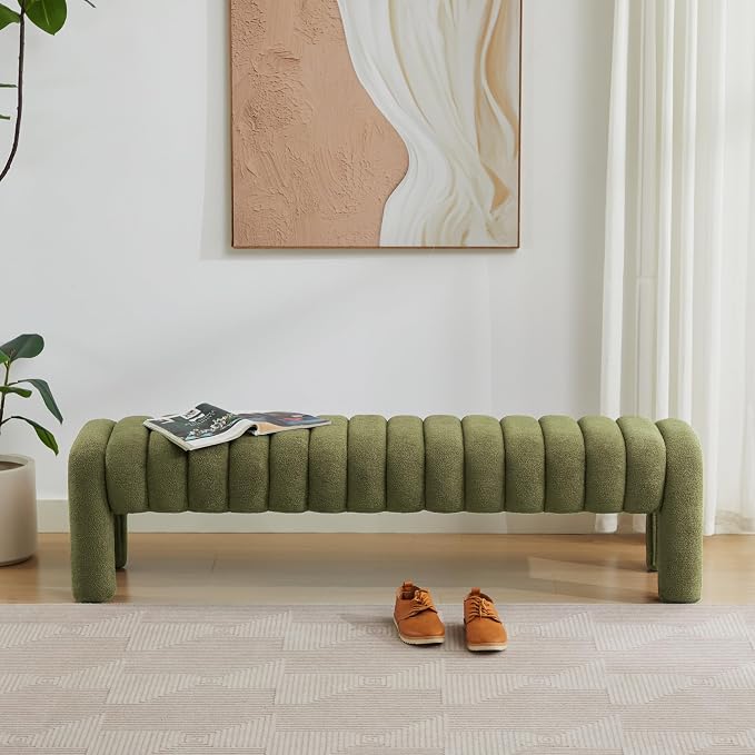 63" Boucle Bed Bench, Cute Upholstered Channel Tufted Bench - Image 8
