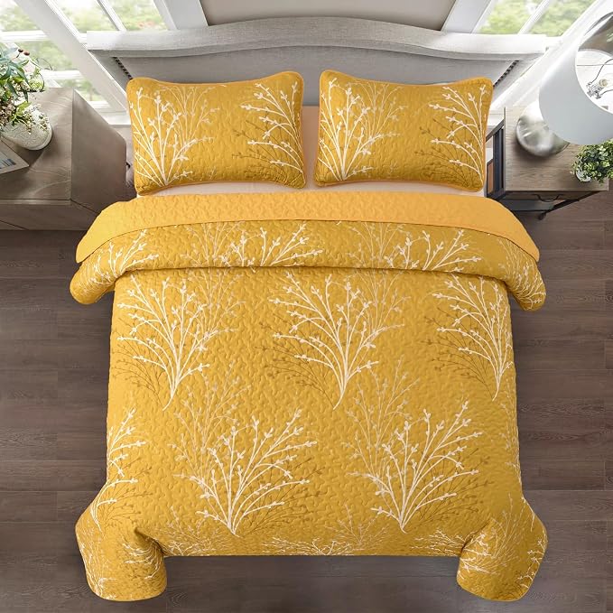 DJY Yellow Quilt Set King Size Branch Botanical Bedspread Coverlet Set | 3 - Image 3