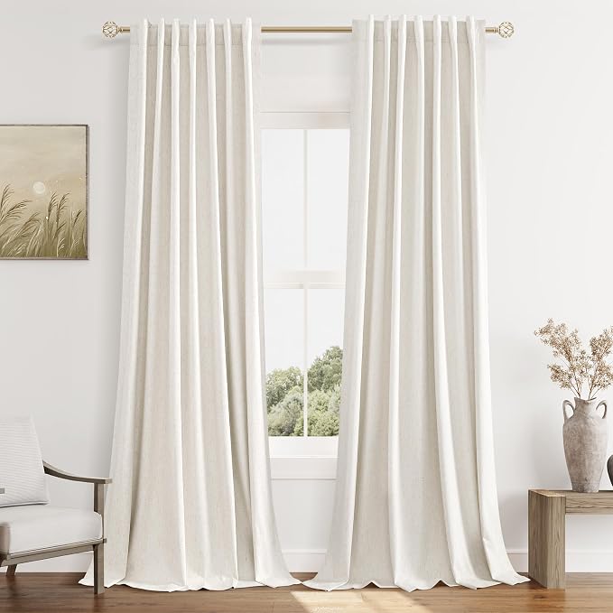 Beige White 100% Blackout Linen Curtains 108 Inch Length 2 Panels Set by Guken