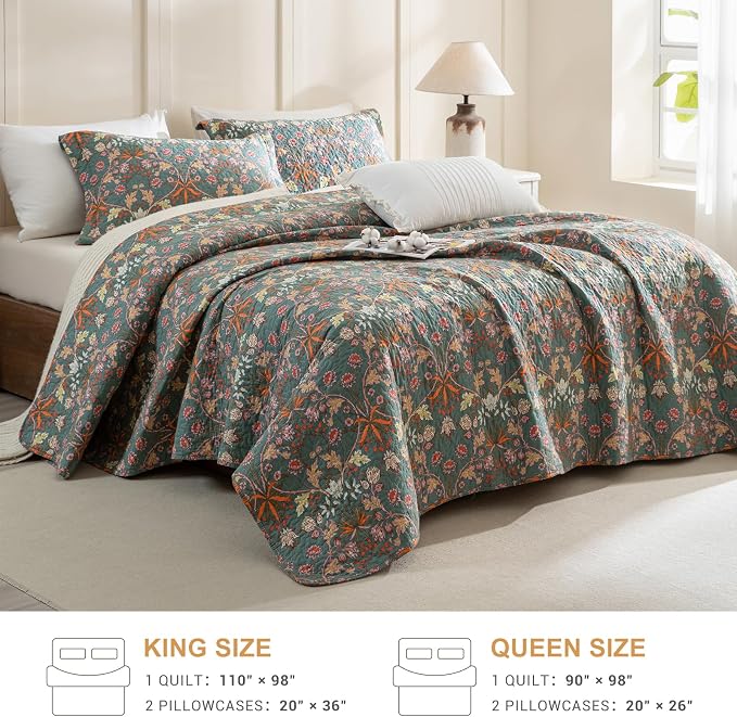 QSH 3Pcs Floral King Quilt Set -100% Cotton Quilt King Size Bedding Set Luxury - Image 5