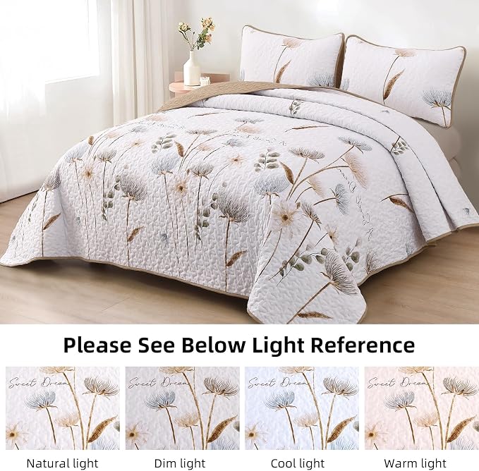 Dinjoy Floral Quilt Set King Size Beige/Khaki Print Bedspreads Coverlet Set | - Image 3