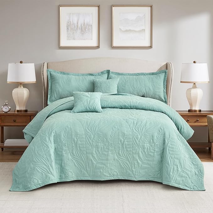 HZ & HY Oversized King Bedspreads, Seaglass | Generous Coverage, 5-Piece Quilt by HZHY