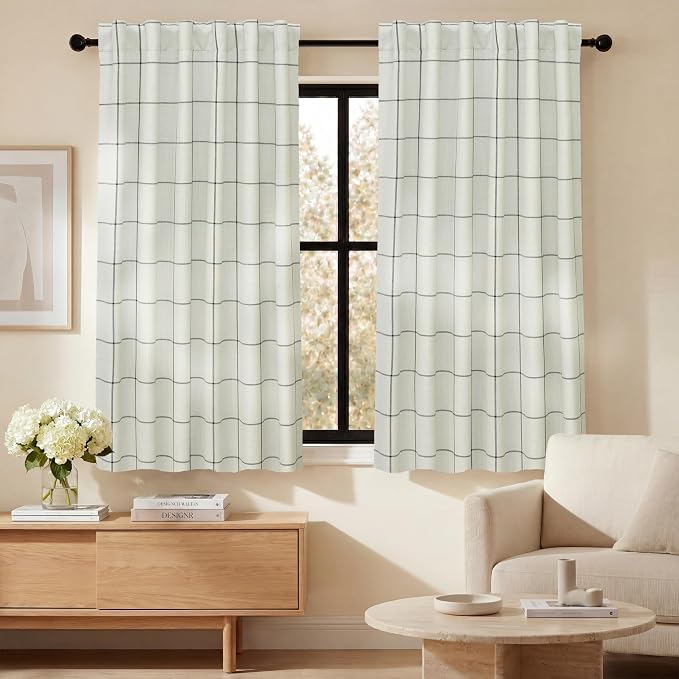 DriftAway 100% Blackout Windowpane Plaid Linen Curtains 45 Inches Black | by DriftAway