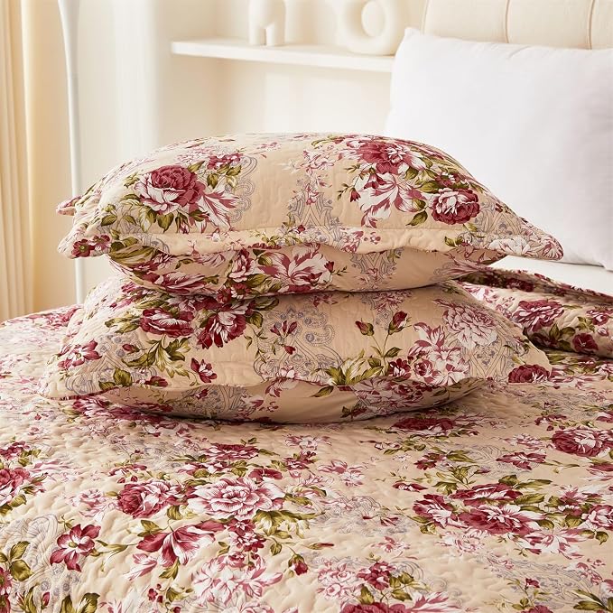 Cmfshape Summer Floral King Quilted Bedspread, Romantic Red Quilt Set, - Image 7