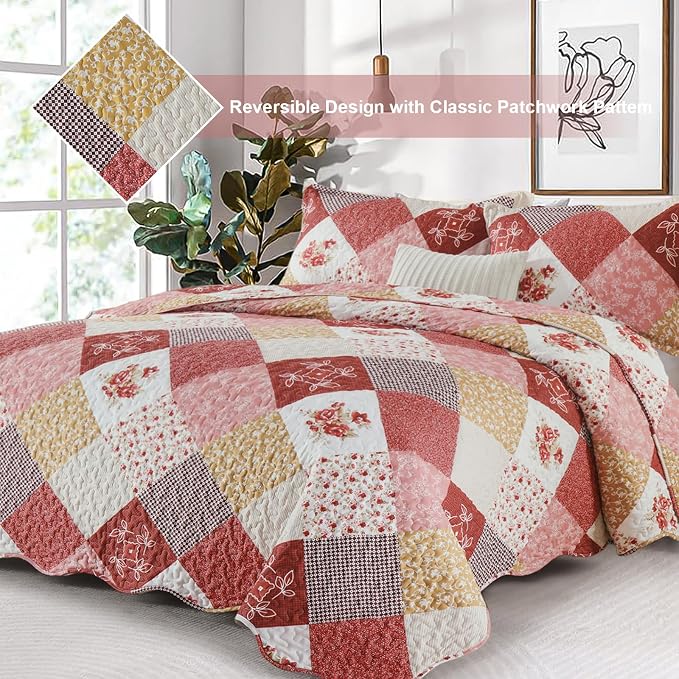 Dinjoy Boho Quilt Set Queen Size, Patchwork Floral Bedspreads, Romantic Red | - Image 5
