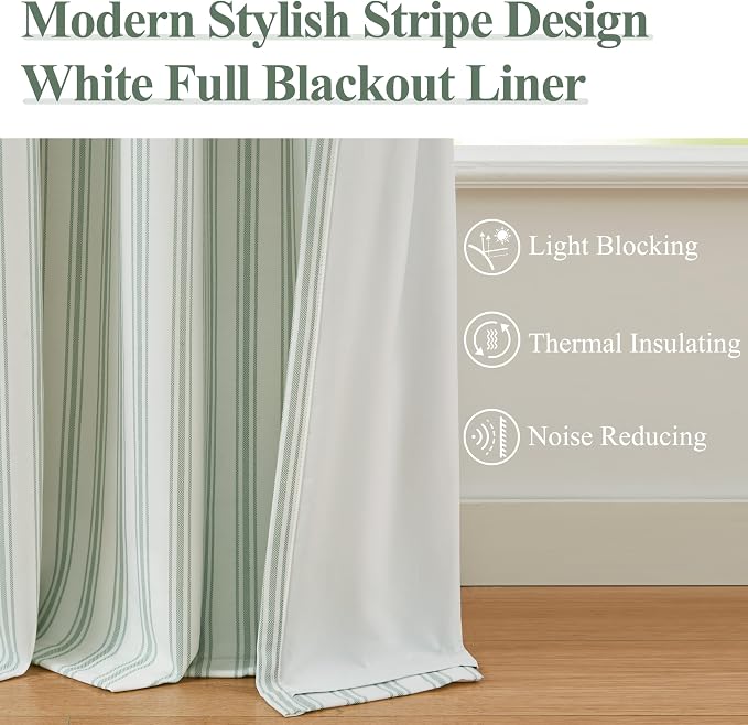 ZJDECOR Short Cotton Blend Green White Striped Blackout Curtains 63 Inch | - Image 3