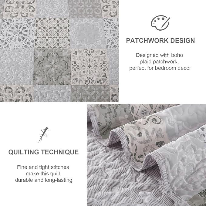 Dobuyly King Size Quilt Set Boho Grey Beige Plaid Patchwork Bedspreads Coverlet - Image 6