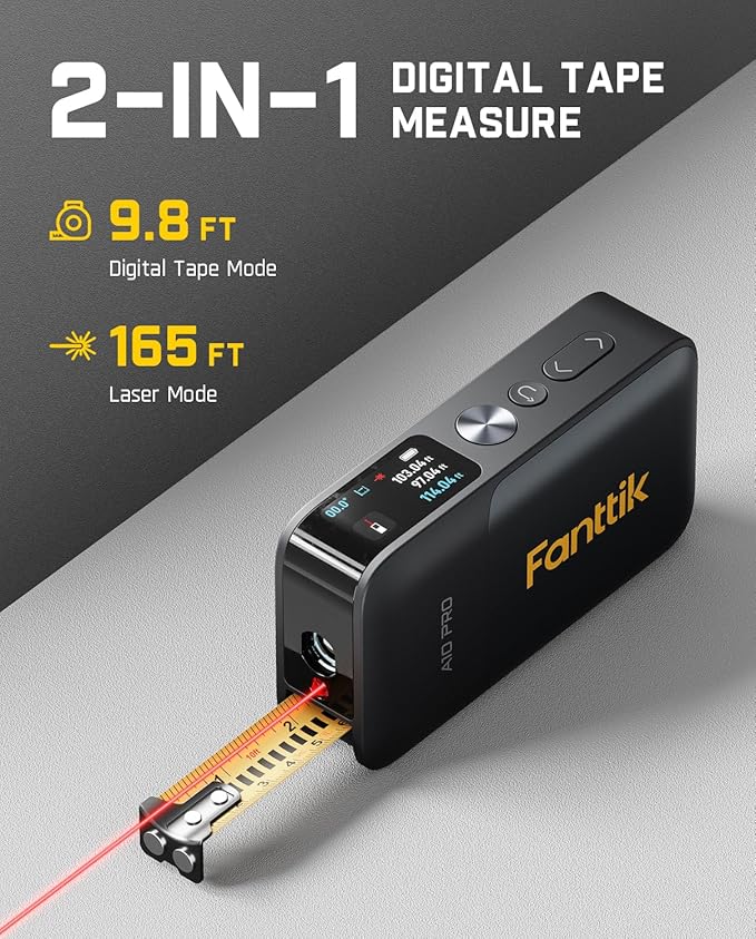 Fanttik A10 Pro 2-in-1 Digital Laser Tape Measure with HD IPS Color Display, 165Ft Rechargeable Laser Measurement Tool & 9.8Ft Measuring Tape, 6 Units Selectable, for Distance/Area/Volume