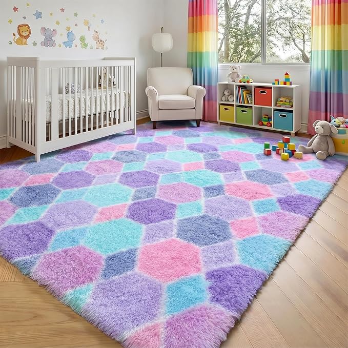 Checkered 8x10 Area Rugs for Living Room, Large Fluffy Purple Rainbow Colorful - Image 9