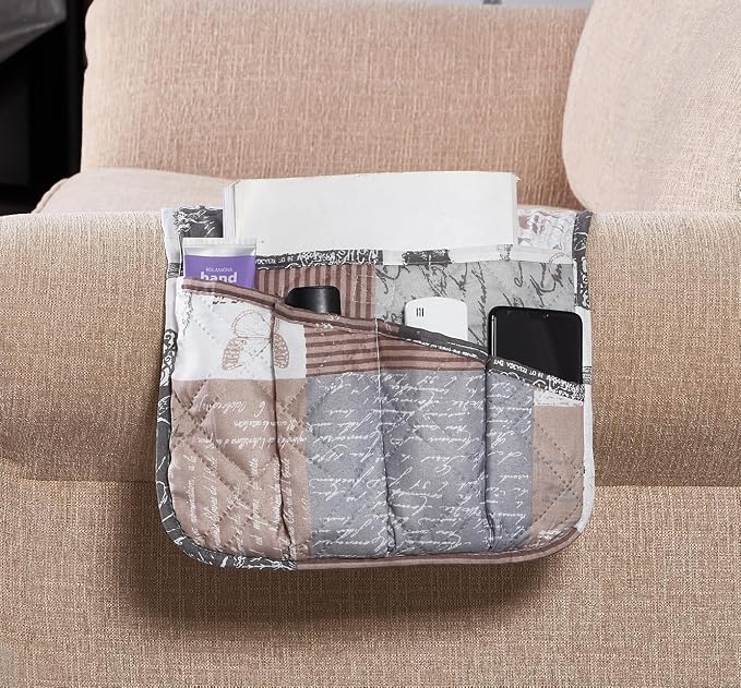 Brilliant Sunshine Latte Grey Toile Couch Armrest Cover, Armrest Organizer & by BrilliantSunshine