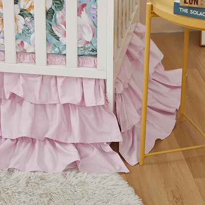 Brandream Crib Bed Skirt Dust Ruffle Triple Layer 100% Egyptian Cotton Sateen Silky Pink Purple Ruffled Baby Girls Nursery Bedding