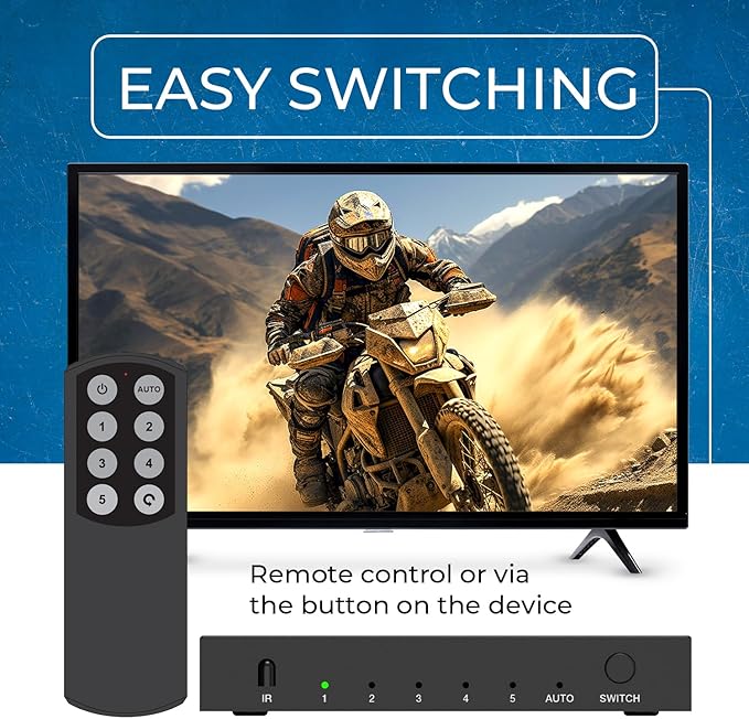 OREI 8K HDMI Switch 5 in 1 Out – HDMI Switch with Remote 8K@60Hz 4:2:0/4K@120Hz 4:4:4-48Gbps Switcher with HDR10+, VRR, ALLM & QFT, CEC - for PS5, Xbox, Roku, Fire TV