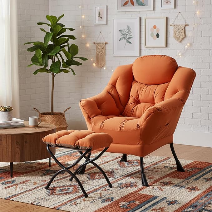Welnow Lazy Chair with Ottoman, Reading Chair with Footrest，Orange | A Side - Image 9