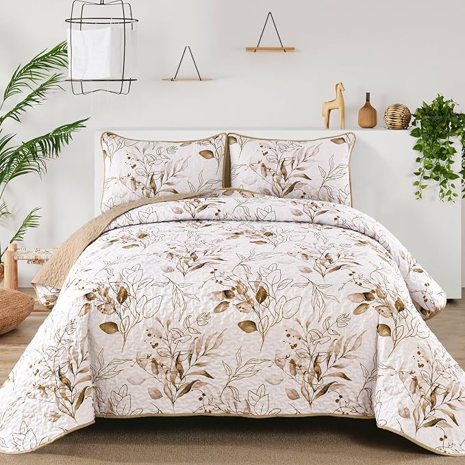 Anibedding Brown Quilt Set King, Fall Botanical Bedspread Bedding Set | Soft by Anibedding