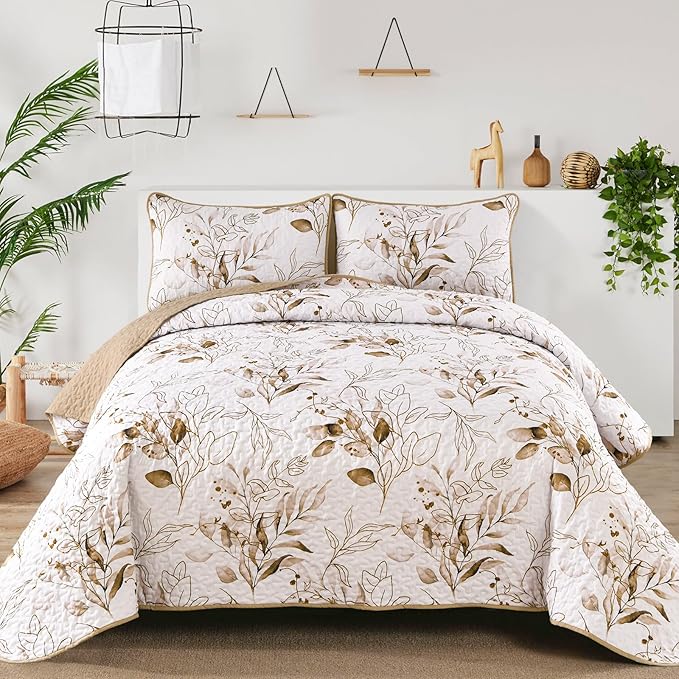 Anibedding Fall Quilt Set Queen Brown Botanical Bedspread by Anibedding