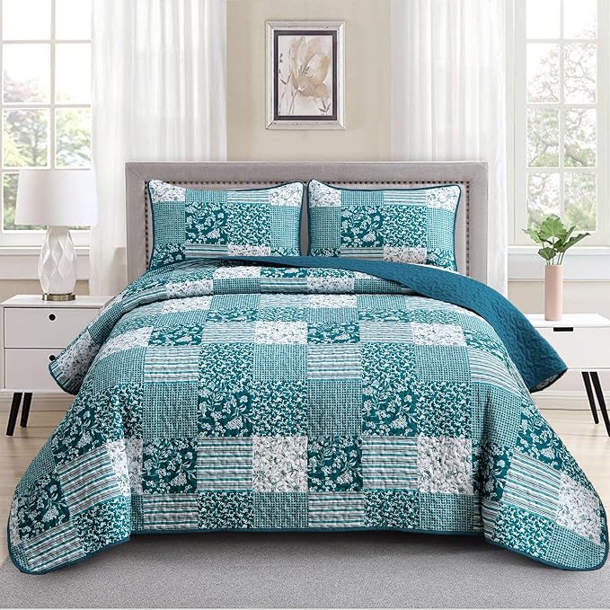 Mybedsoul Teal Blue Quilt Set King Size 3 Pieces Boho Plaid Turquoise Floral by Mybedsoul