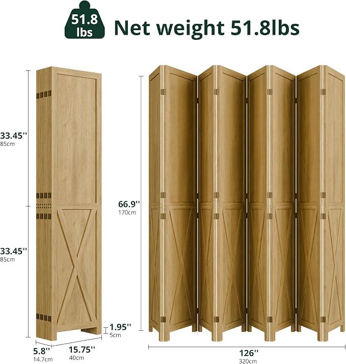 8 Panel Folding Room Divider, Solid Wood Privacy Screen, Freestanding Partition - Image 2