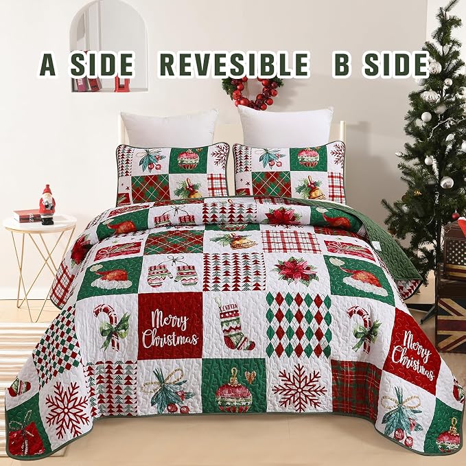 Mybedsoul Christmas Quilt Set King Size 3 Pieces Christmas Patchwork Snowflake - Image 3
