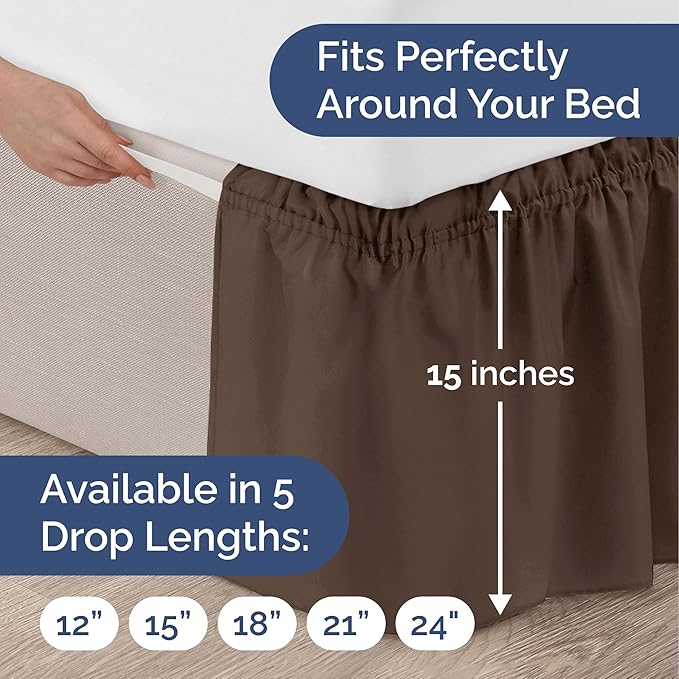 Wrap Around Dust Ruffle Bed Skirt - Brown - Twin/Twin XL Size Beds with 15 Inch Drop - Easy Fit Elastic Strap - Adjustable Pleated Bedskirt w/Brushed Fabric - Wrinkle Free - Women, Men, Kids & Teens