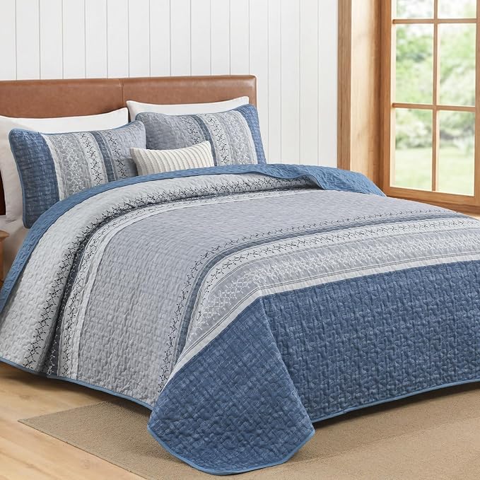 Cottolester Mineral Blue King Quilt Set, Boho Striped Bedspread Coverlet Set | - Image 2