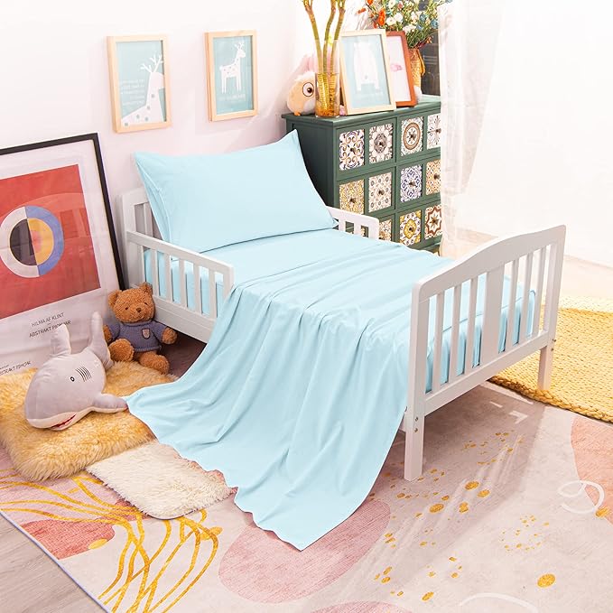 NTBAY Toddler Bedding Set - 4 Piece Soft and Breathable Crib Bedding Set for Boys and Girls, Includes Quilted Comforter, Fitted Sheet, Flat Top Sheet and Envelope Pillowcase, Aqua