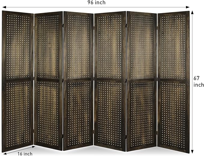 6 Panel Pegboard Room Divider | Brown Wood Folding Privacy Screen - Image 2