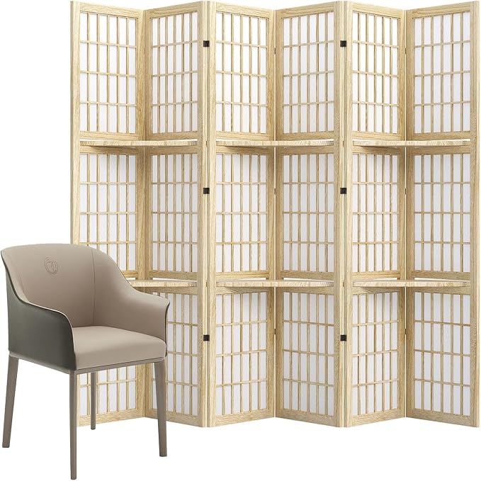 Room Divider with Shelves, 66.9-Inch Tall Japanese Shoji Style Wood Screen with - Image 7