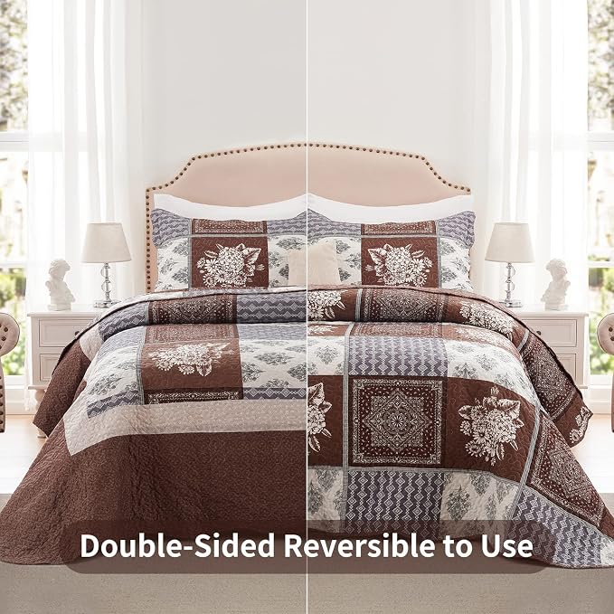 3 Pieces California King Size Quilt Set Brown Oversized 120x120 Inch Bedspread - Image 2