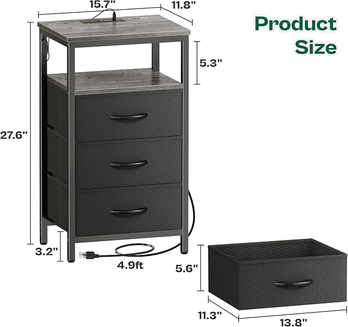 Huuger Night Stand with Charger Station and LED Lights, 3 Drawer Nightstand | - Image 3