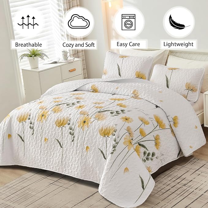Dinjoy Twin Quilt Set, 2 Pieces Yellow Floral Bedspread Bedding Set | Mustard - Image 2