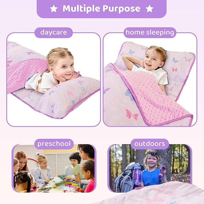Viviland Toddler Kid Nap Mat for Preschool, Girls Purple Butterfly Slumber Bag, Daycare Sleeping Bag with Pillow and Blanket, Kindergarten Sleep Mat