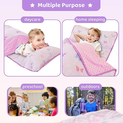 Viviland Toddler Kid Nap Mat for Preschool, Girls Purple Butterfly Slumber Bag, Daycare Sleeping Bag with Pillow and Blanket, Kindergarten Sleep Mat