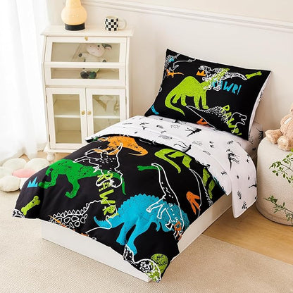 PERFEMET Twin Kids Bedding Sets 4-Piece Cartoon Dinosaur Boys Comforter with Sheets Ultra Soft Reversible Colorful Animal Children Bed in a Bag Set(Dinosaur, Twin)