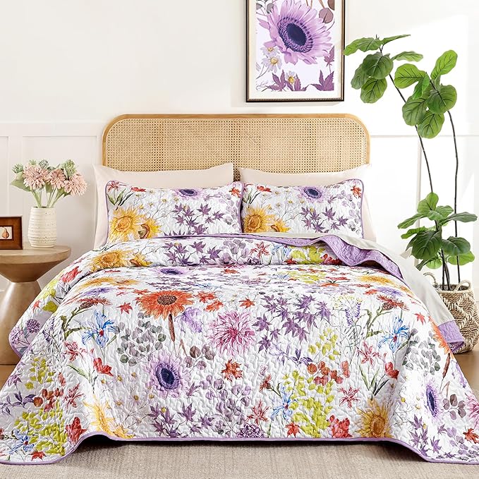 Yiran Purple Floral Quilt Set King Size, Sunflower Botanical Bedding Set | 3 by Yiran