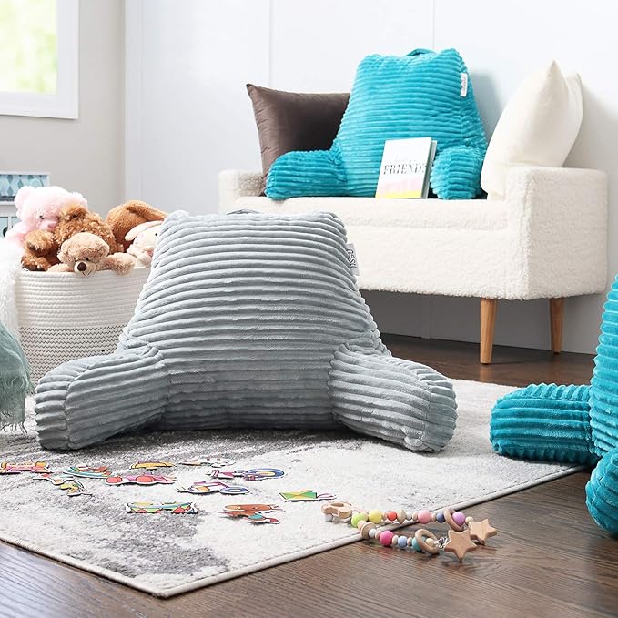 Nestl Reading Pillow with Shredded Memory Foam, Luxe Cut Plush Back Pillow for Sitting Up in Bed, Back and Arms Adjustable Support for Adult & Teens, Backrest Pillows with Washable Cover Light Grey