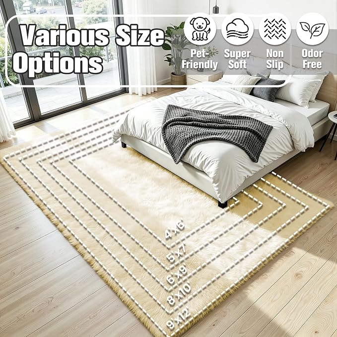 5x8 Fluffy Area Rug for Living Room: Non-Slip Cream White Bedroom Carpet | - Image 8