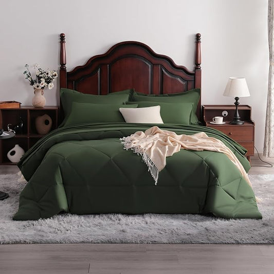 7-Piece Queen Comforter Set with Sheets – Soft and Breathable All-Season Queen Bed in a Bag, Down Alternative Comforter Set Solid Color All Season, Olive Green