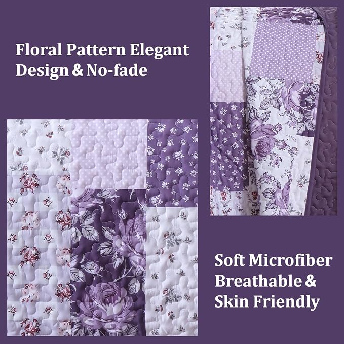 Anibedding Purple Patchwork Quilt Set King, Rose Floral Plaid Bedspread | - Image 3