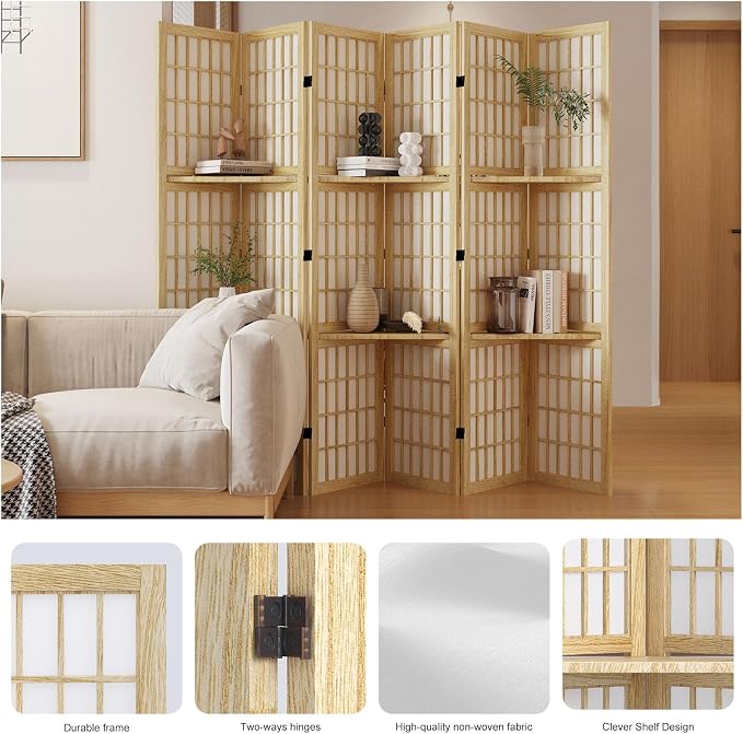 Room Divider with Shelves, 66.9-Inch Tall Japanese Shoji Style Wood Screen with - Image 5