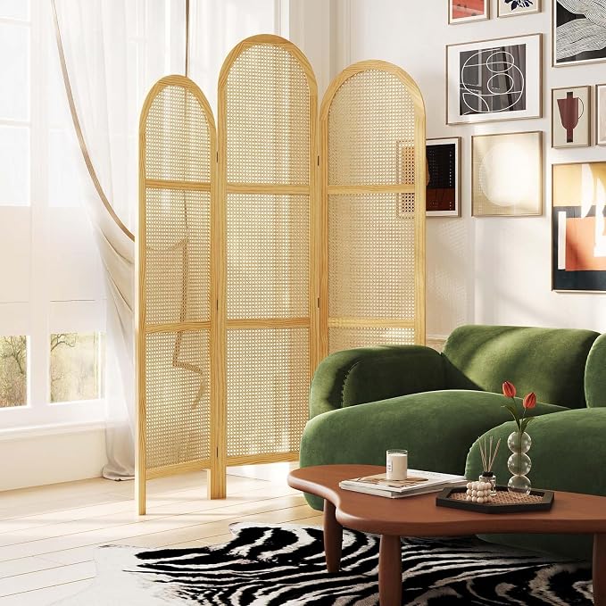 3-Panel Hand-Woven Rattan Room Divider, Tall Foldable Privacy Screen - Image 7