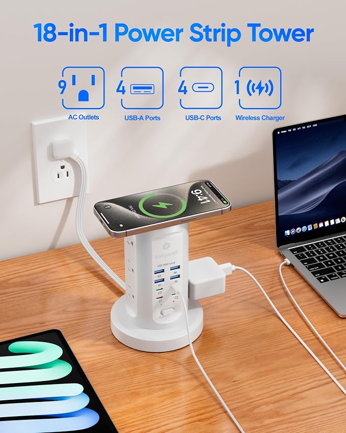Power Strip Tower, kakyanill PD 65W Charging Station 9 AC Outlets 8 USB | 6 Ft - Image 3