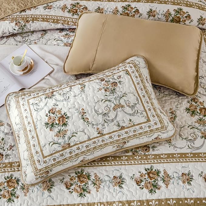 Anibedding Floral Quilt Set Queen, Retro Brown Flower Quilts 3PCs Bedspread | - Image 7